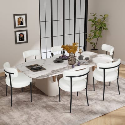 Puluomis Eetkamerstoelen - Set van 6 - Teddy Fleece - Lamsvacht - Metalen poten - Stoelen - Wit - Gevoerde zitkussens - Gebogen rugleuning