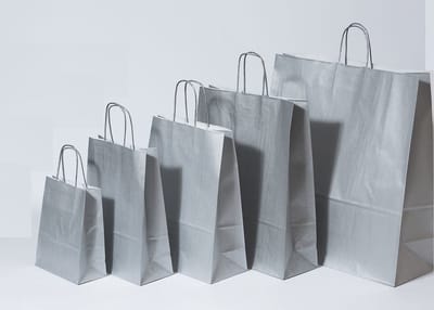 Draagtassen Papier Zilver 32+12x41cm Kraft Papier 100 grams (50 stuks)