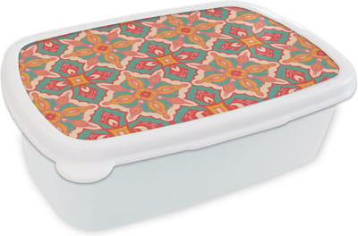 Broodtrommel Wit - Lunchbox Patroon - Hippie - Oranje - Brooddoos 18x12x6 cm - Brood lunch box - Broodtrommels voor kinderen en volwassenen