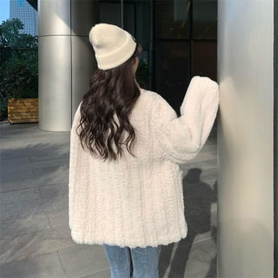 Verdikte Lamswollen Jas Warme Herfst en Winter Koeienhuid Gesp Effen Kleur Opstaande Kraag Katoenen Jas XL beige