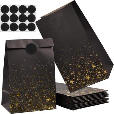 Dailygoods - Dokeno 12 zakjes van kraftpapier voor snoep, cadeauzakjes met stickers, geschenkverpakkingen, voor kinderverjaardag, bruiloft, feest (zwart)