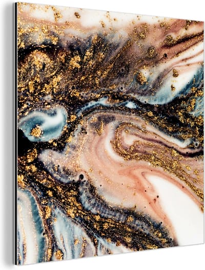 Wanddecoratie Metaal - Aluminium Schilderij Industrieel - Marmerlook - Goud - Zwart - Glitter - Chic - 90x90 cm - Dibond - Foto op aluminium - Industriële muurdecoratie - Voor de woonkamer/slaapkamer