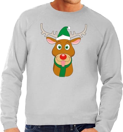 Foute kersttrui / sweater met Rudolf het rendier met groene kerstmuts grijs voor heren - Kersttruien S