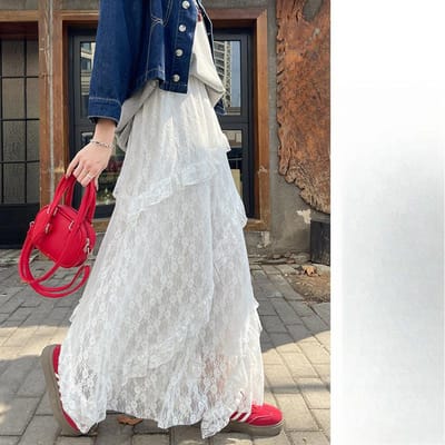 Retro Splicing Kant Witte Rok Dames Lente Nieuwe Fluffy Taartrok Mesh Garen Dunne A-lijn Lange Rok XL gray