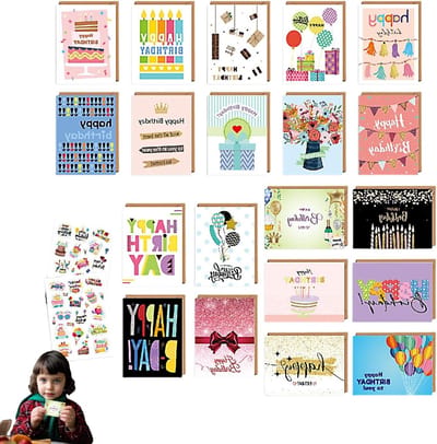 Verjaardagskaarten Set met Enveloppen - 20 Luxe Kaarten, 20 Enveloppen, 2 Stickers - Hoogwaardige Ontwerpen, Perfect voor Feestdagen en Speciale Gelegenheden