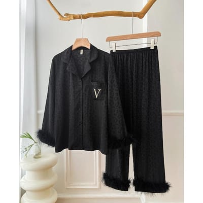 Lente Herfst 2-delige Pyjama Lange Mouwen Veer Satijn Nachtkleding Broekpakken Losse Casual Dames Huiskleding Loungewear XL