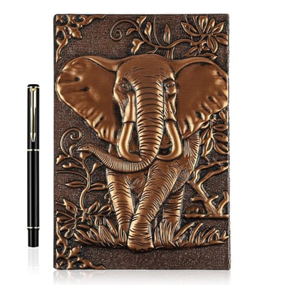 Vintage leren notitieboek met pen, 3D olifant ontwerp, 200 pagina's, reisdagboek, ideaal als cadeau voor mannen en vrouwen, A5 formaat 23.3 x 16.5 cm