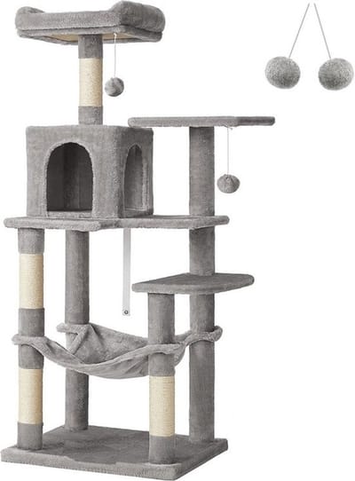 Hoppa! Kattenboom - Krabpaal - met hangmat, lichtgrijs, 56 x 46 x 144 (L x B x H)