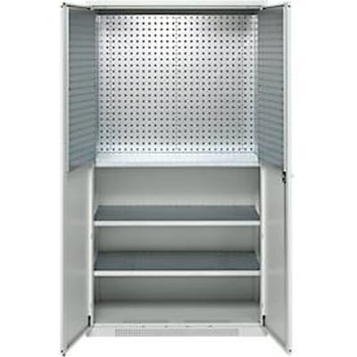 Schäfer Shop Genius materiaalkast FS, 5 OH, afsluitbaar, geperforeerde roosterwanden/3 legborden, tot 450 kg, B 1055 x D 520 x H 1950 mm, lichtgrijs/lichtgrijs