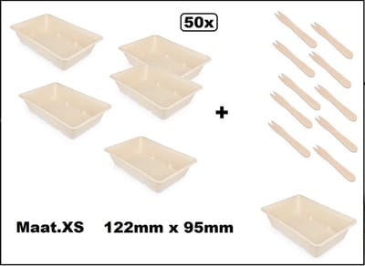 50x Frietbakje + snackvork - mt.XS - 100% biologisch afbreekbaar - Patat friet frites bakje snack bak food menu A7