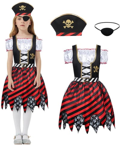 Aomig Piratenkostuum Voor Meisjes, 3-Delige Piratenrollenspel-Aankleedset Met Piratenhoed En Piratenooglapje, Piratenoutfit Voor Kinderen, Deluxe-Jurk Voor Verjaardagsfeestje
