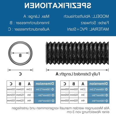 Flexibele PVC afvoerslang Ø 150 mm, 2,5 m lang, voor airconditioning en wasdroger, zwart