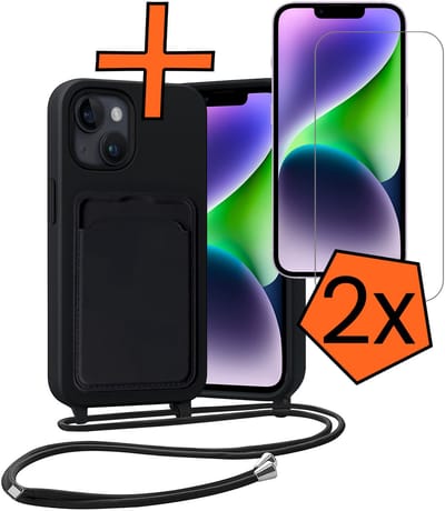 Hoesje Geschikt voor iPhone 13 Hoesje Met Telefoonketting Pasjeshouder Case Met 2x Screenprotector Koord - Hoesje Geschikt voor iPhone 13 Hoes Met Kaarthouder - Zwart