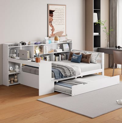 MEUNIQ slaapbank 90x200 cm met uitschuifbaar onderbed, bureau, boekenkast, opbergvakken en stopcontact met USB, houten bed voor slaapkamer of logeerkamer, wit