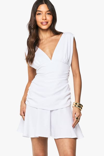 boohoo Dames Linnen-look geruched skaterjurk | Wit | Maat: 44