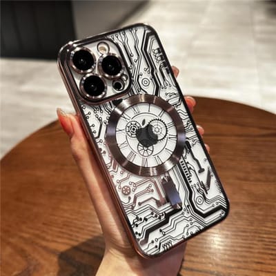 Pour iPhone 15 Pro Max Coque de téléphone de luxe plaquée Magsafe magnétique à motif mécanique Pour iPhone 11 12 13 14 Plus Housse de protection For 15 Pro Max