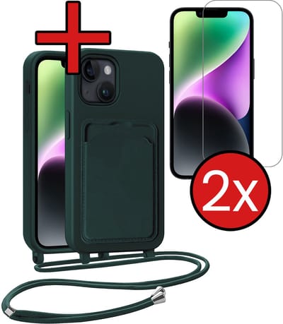 Hoesje Geschikt voor iPhone 13 Hoesje Met Telefoonkoord en Pasjeshouder Met 2x Screenprotector Siliconen - Hoes Geschikt voor iPhone 13 Hoesje Met Kaarthouder Case - Donkergroen
