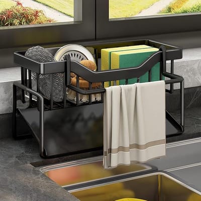 Famanu – Spoelbak-organizer - keuken - sponshouder - keukenspoelbak-organizer met spoeldoekhouder - metalen gootsteenorganizer met automatische afvoerpan (zwart)
