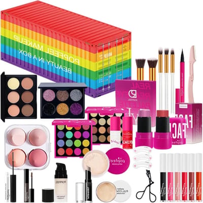 Complete Make-up Set voor Vrouwen en Meisjes met Foundation, Oogschaduw, Eyeliner, Mascara en Lipstick - Perfecte Startersset met Opbergdoos voor Alle Cosmetica