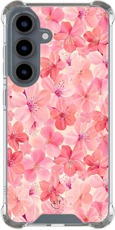 Shockproof hoesje - Geschikt voor Samsung Galaxy S25 - Pink flowers - Extra sterke case - TPU/polycarbonaat - Bloemen - Roze, Transparant