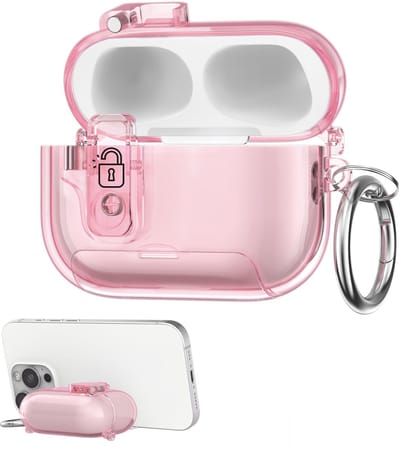 kwmobile Transparante hoofdtelefooncase voor Apple Airpods Pro 3 hoes - Headphones TPU cover met standaardfunctie en veiligheidsvergrendeling - poederroze