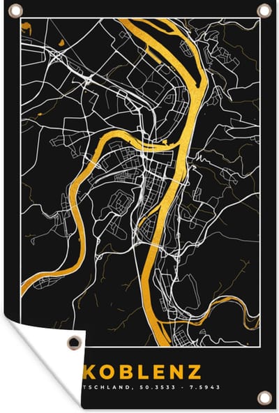 Muurdecoratie Stadskaart – Plattegrond – Duitsland – Goud – Koblenz – Kaart - 120x180 cm - Tuinposter - Tuindoek