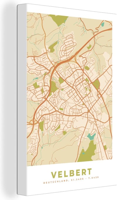 Canvas Schilderij Velbert - Plattegrond - Kaart - Stadskaart - Vintage - 20x30 cm - Wanddecoratie
