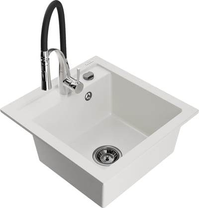 Mexen Vito granieten spoelbak 1-komerig met keukenkraan Aster, wit - 6503-20-73450-07-B