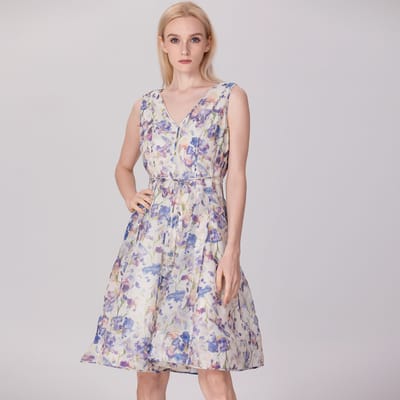 Mouwloze thee-organza-jurk met bloemenprint