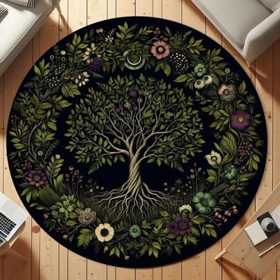 Levensboom Rond Kleed Natuur Mandala Kleed Oud Spiritueel Decor Tapijt Meditatie Ruimte Kleed Wasbaar en Antislip Vloermat Diameter 60cm(23in)