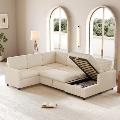 Moderne Hoekbank, U-Bank, 5-Zitsbank, Moderne U-Vormige Hoekbank Met Slaapfunctie, Uitschuifbaar Bed, Grove Corduroy Stof, Chaise Longue Met Opbergruimte, 220×274×85 cm,Beige
