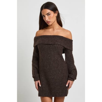 boohoo Dames Petite grofgebreide Bardot mini-jurk | Chocoladebruin | Maat: Medium