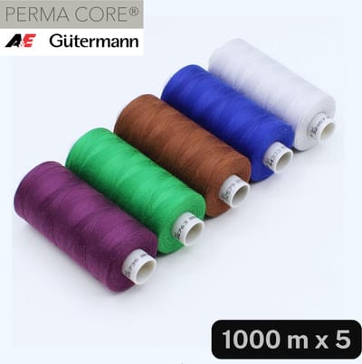 Gütermann Perma Core Naaigaren – 5 × 1000 m – Polyestergaren – Paars, Groen, Bruin, Blauw & Wit
