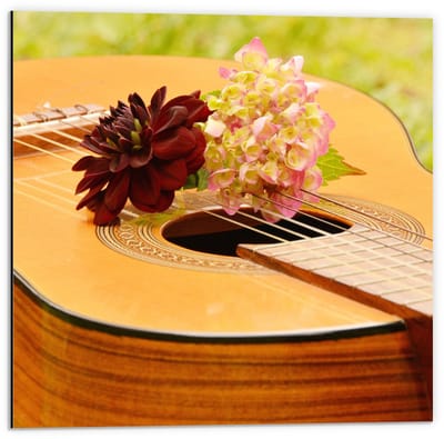 Dibond - Gitaar in Grasveld met Bloemen - 50x50cm Foto op Aluminium (Met Ophangsysteem)