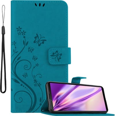 Cadorabo Hoesje geschikt voor Sony Xperia 10 III in BLOEMEN BLAUW - Beschermhoes in bloemmotief met magnetische sluiting, standfunctie en kaartsleuven Book Case Cover Etui