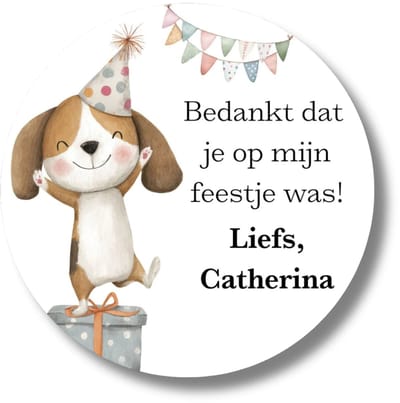 Gepersonaliseerde bedank stickers met naam - Kinderfeestje hondje - 20 stuks - 4 cm