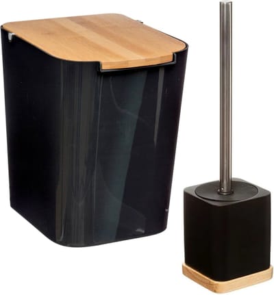 Badkamer/toilet accessoires set - WC-borstel in houder en prullenbak - zwart - bamboe - 5 liter