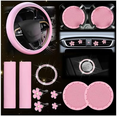 Allecto - Stuurhoes set - 10-delige autoaccessoires - Roze - Veiligheidsgordelhoes - Interieur styling - Geschikt voor vrouwen - Auto interieur