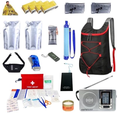 Noodpakket - Noodradio - Powerbank - Rugzak - Warmtedeken - Noodkaars - 4xNood Toilet - 1xKnijpkat Zaklamp - 2xWaterzakken 1000ml - Noodfluit - EHBO Kit - Survivalradio - Overlevingspakket - Noodpakket Voor Thuis - Survival - Kamperen