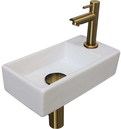 INK - Fonteinpack Porselein Rechts incl. Fonteinkraan - Design Sifon - Design Plug en Montageset - 360x180x90 Mm - Glans Wit/brushed Mat Goud