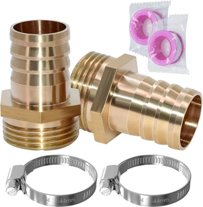 2 stuks slangtuit 1 inch AG messing slangschroefverbinding 25 mm (1 inch) tule, slangaansluiting met 2 slangklemmen en 2 teflon tape