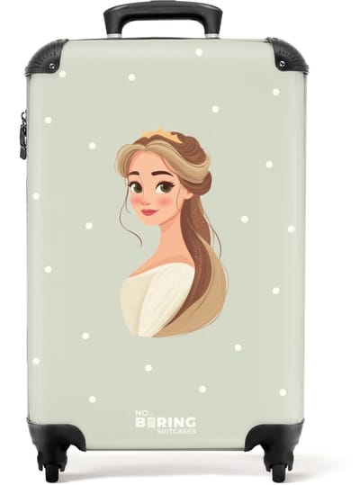 NoBoringSuitcases.com® - Kinderkoffer meisje - Kindertrolley meisjes - Prinses met tiara op groene stippenachtergrond - Handbagage koffer lichtgewicht - Reiskoffer trolley kinderen - Rolkoffer met wieltjes - Past binnen 55x40x20 en 55x35x25