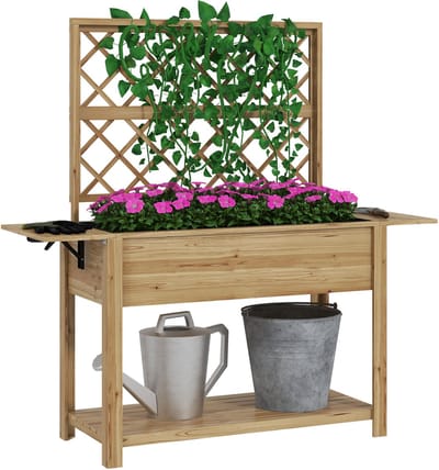 Outsunny-Verhoogde plantenbak-Drankje-140x45x151cm-Natuurlijk hout