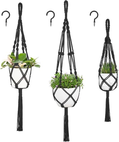 3-pack macramé plantenhangers, verschillende maten, hangende potten voor binnen, decoratieve bloempotten, houders, standaards, Boho-stijl, voor binnen- en buitendecoratie, zwart