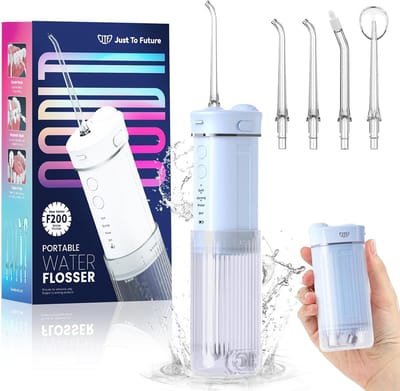 JTF Mini-monddouche – Draagbare elektrische gebitsreiniger – Draadloos – Interdentale reiniger voor op reis met 5 opzetstukken – Waterflosser met 4 standen – Inschuifbaar waterreservoir van 230 ml – IPX7-waterbestendig (Blauw)
