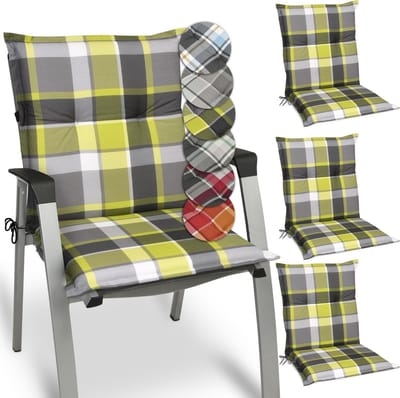 Beautissu Sunny GR – Set van 4 Tuinkussens Lage Rug 100x50 cm met UV-lichtechtheid Comfortabele Tuinstoel Zitkussen Geel geruit