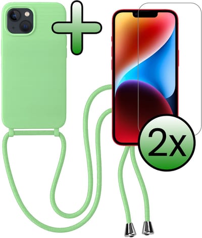 Hoes Geschikt voor iPhone 13 Mini Hoesje Met Koord Met 2x Screenprotector - Telefoonhoesje Geschikt voor iPhone 13 Mini Backcover Met Afneembaar Koord - Groen