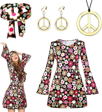 Hippie Kostuum voor Vrouwen met Accessoires - 60s 70s Retro Jurk voor Carnaval en Feestjes