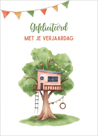 Wenskaart gefeliciteerd verjaardag kinderen boomhut slingers – 10x15 cm – stevige kaart 400 grams – inclusief kraft envelop – verjaardagskaart kind