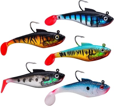 Set van 5 Gummi Vissen met Jigkoppen - Zachte Aas voor Roofvissen zoals Snoek, Baars en Forel (8cm) - Ideaal voor Zoet- en Zoutwatervissen
